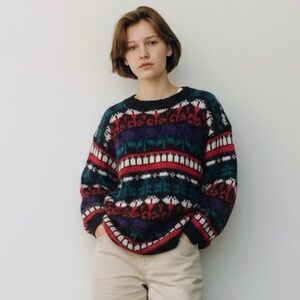 Vintage 80s Knit Knit Crew Sweater Small Colorful Red Purple Blue Stripes Mohair